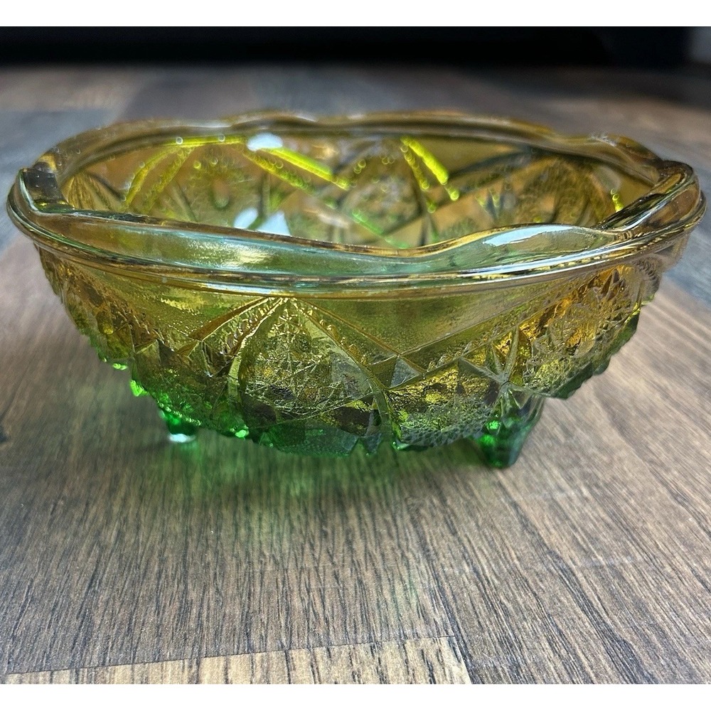 Vintage Jeanette Fentec McKee Toltec Green Amber Flashed Footed Dish Bowl